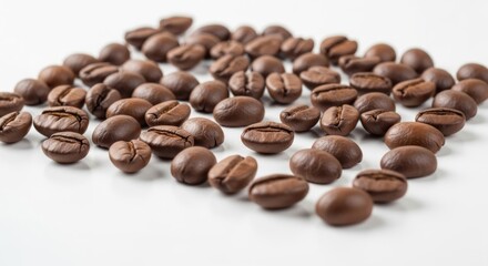 Fototapeta premium Roasted coffee beans are scattered across a white surface, showcasing their rich brown tones and varied shapes.