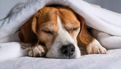 a close up of a sleepy beagle dog lying under a soft white blanket the dog s eyes are half closed and it looks cozy and relaxed resting its head on the blanket