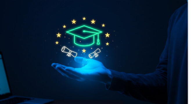 Glowing Education Symbol: A person's hand cradles a radiant illustration, showcasing a graduation cap, star, and diploma, symbolizing academic success and enlightenment.