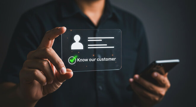 KYC Concept: A focused image of a professional holding a digital screen, displaying a graphic of a person alongside relevant information.