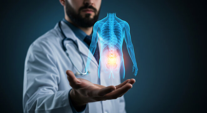 Healthcare Professional and Human Anatomy: A skilled healthcare professional, presents a holographic representation of human anatomy.