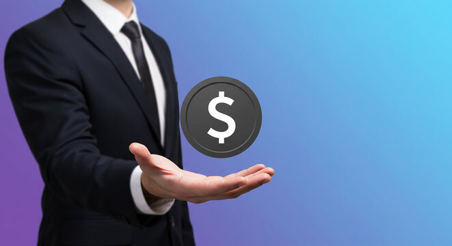 Finance in Focus: A poised individual, dressed in a sharp suit, presents a floating coin emblazoned with a dollar symbol, capturing the essence of financial stability and economic prosperity.