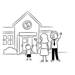 Cartoon family waving goodbye in front of the house. 