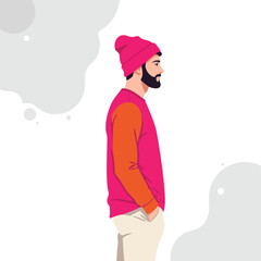 Obraz premium Man in pink beanie and sweater looking sideways with hands in pockets casual style vector illustration 