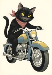 Cartoon Cat Riding Motorcycle – Funny Biker Kitty Kitten Feline Pet Rider on Moped or Scooter Illustration. cute kitten riding, animal, animal biker, comic, comic style cat, retro, retro biker cat