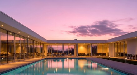 Obraz premium A modern, light-filled home with a tranquil pool area, bathed in the soft hues of a twilight sky.