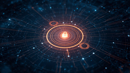 Futuristic Glow Security Padlock Protection with Circuit Board Network Connection