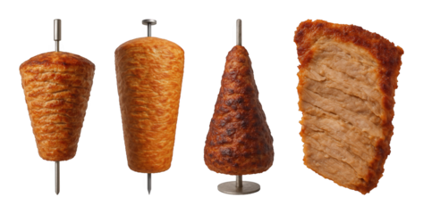 Shawarma meat set including vertical spits in various sizes and a sliced portion isolated. Fast food and Middle Eastern cuisine elements.
