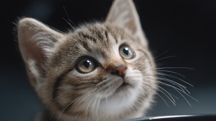 Adorable tabby kitten looking up with bright curious eyes  