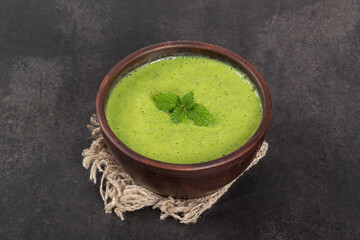Vegan soup.  Pea and mint soup puree. Close up	