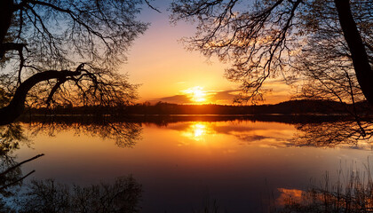 sunset lake reflection framed by silhouetted branches