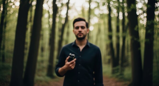 Young caucasian man holding smartphone in forest with blurred background