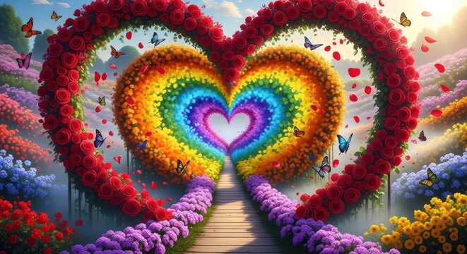 A vibrant garden path leads through a heart-shaped archway of roses, creating a colorful rainbow tunnel filled with butterflies.