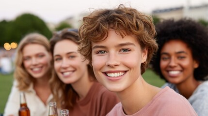 Obraz premium Group of young women smiling and enjoying drinks in outdoor park 