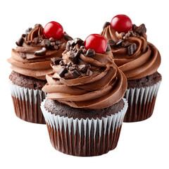 Three Chocolate Cupcakes with Cherry Topping isolated on transparent background