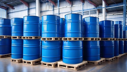 large blue barrels sit on pallets in warehouse
