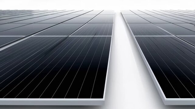 This video offers a close-up view of sleek solar panels aligned in parallel, reflecting sunlight. The scene emphasizes advanced renewable energy solutions and highlights the efficiency and elegance of