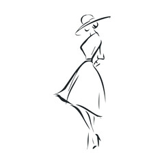 Elegant fashion sketch of a woman in stylish dress and hat. Vector illustration