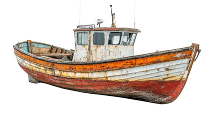 Old blue wooden fishing boat isolated on transparent background