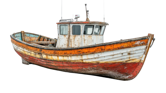 Old blue wooden fishing boat isolated on transparent background - Powered by Adobe