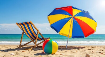 A vibrant beach scene with a colorful umbrella, a beach chair, and a ball on the sand, showcasing a sunny summer day.