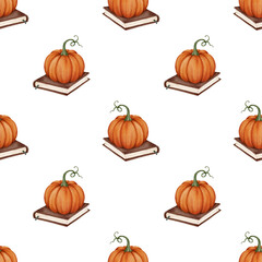 Seamless pattern with watercolor illustrations of a pumpkin placed on a book . Cozy autumn design for textiles, packaging, greeting cards, posters, and festive decoration.