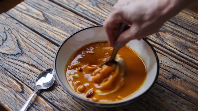 liquid food preparation made from type of gourd and legumes, seasoned with aromatic spices, emphasizing homemade quality