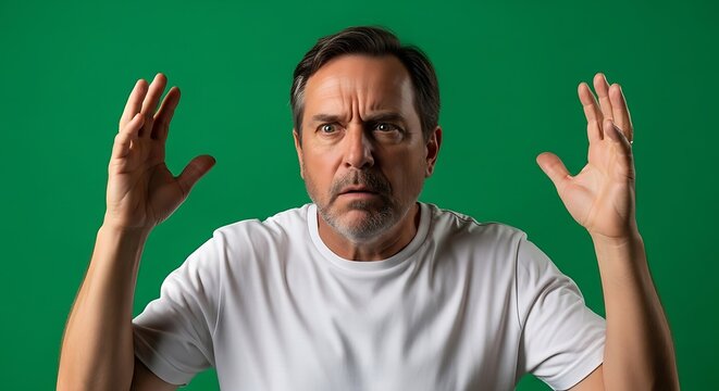 Mature Caucasian man with a distressed expression, raising his hands in a gesture of confusion or frustration against a bright green background, studio portrait