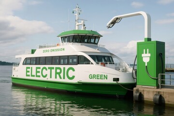 Electric ferry charges at a specially equipped dock, showcasing sustainable maritime transport and zero emission technology