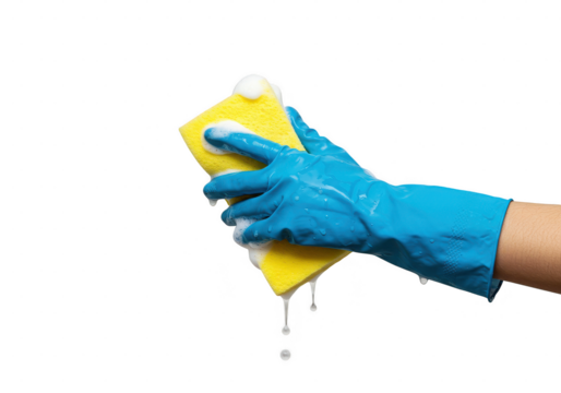 Hand in blue glove squeezing a yellow sponge with foamy soap bubbles against a solid color surface on transparent background - Powered by Adobe