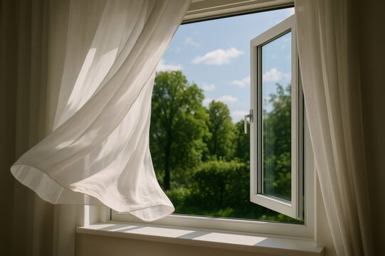 White curtain blowing in the wind by open window in sunny day, bringing fresh air and natural light into the room