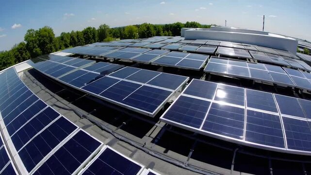 Industrial Manufacturing Plant and Facility Featuring voltaic Energy Collection Panels Installed upon its Rooftop