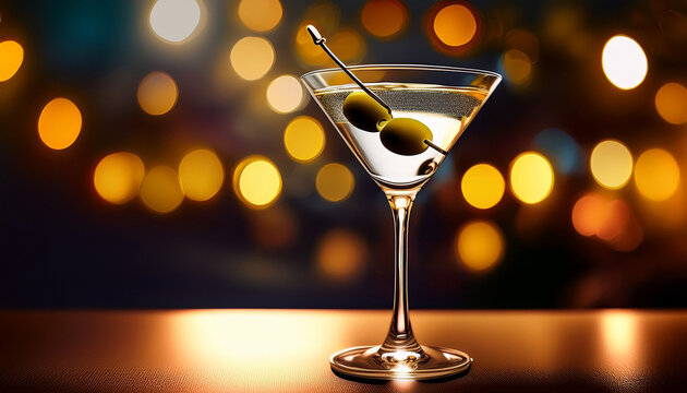 classic martini with olives in a clear glass against a blurred background national martini day
