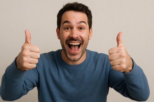 Excited man showing thumbs up gesture, expressing positivity and approval on a neutral background