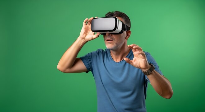 Man Experiencing Virtual Reality A Caucasian Man with Dark Hair Wearing VR Goggles on a Green Background, Expressing Amazement and Fascination with the Digital World - Powered by Adobe