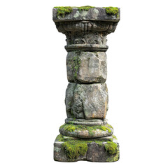 Overgrown column, classic antique pillar isolated on a white transparent background