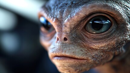 Obraz premium Close-up of an alien's face staring with big blue eyes and serious expression