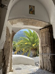 Sunny landscape with palm tree through historical gate to Guadalest fortress, Alicante, Spain