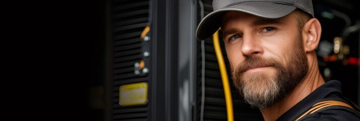 Confident electrician working on electrical cabinet in data center