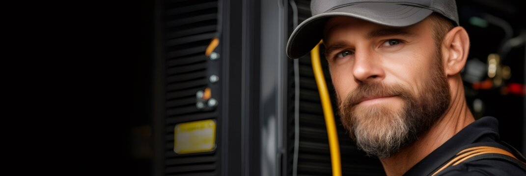 Confident electrician working on electrical cabinet in data center - Powered by Adobe