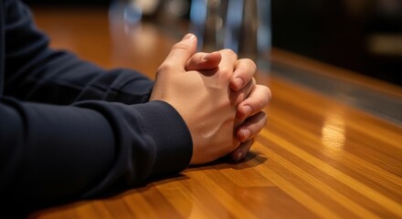 Caucasian male adult hands clasped on wooden table at cafe