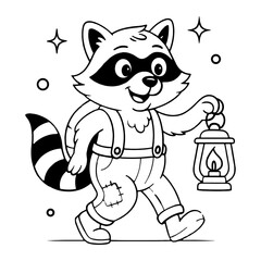 Raccoon in patched pants, carrying a lantern