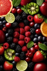 Obraz premium A colorful assortment of berries and citrus fruits provides a fresh and vibrant food background with ample copy space.