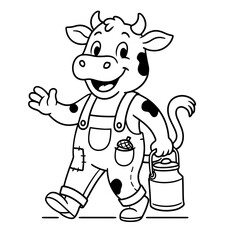 Fototapeta premium Cheerful cow in patched trousers, carrying a milk can