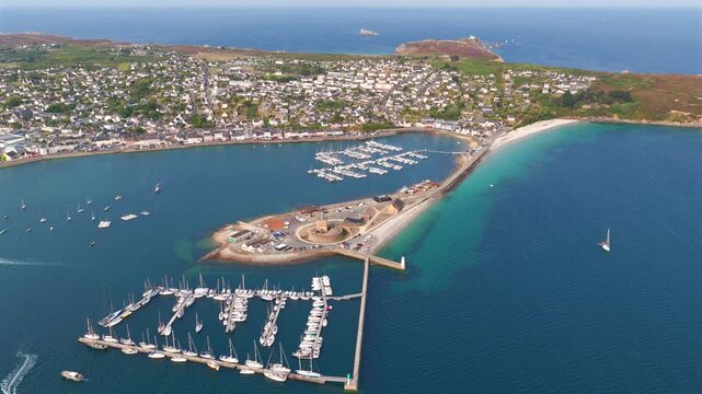 Aerial view of boats in front of the French village of Camaret-sur-Mer in Brittany, France