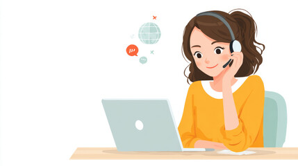 Young asian female customer service representative using laptop with headset