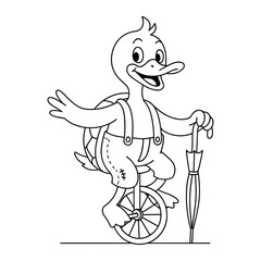 Fototapeta premium Duck in suspenders, riding a unicycle