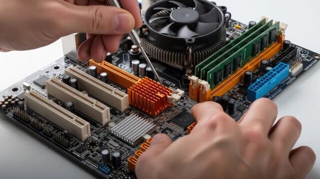 Hands using screwdriver on computer motherboard with fan and ram sticks