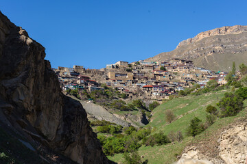 Dagestani village Gunib. Summer, mountain landscape. Houses in the mountains.