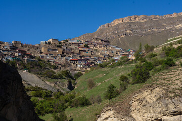Dagestani village Gunib. Summer, mountain landscape. Houses in the mountains.